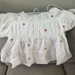 Amazon Essentials White Puff Sleeve Smocked Blouse with Red Heart Embroidery
